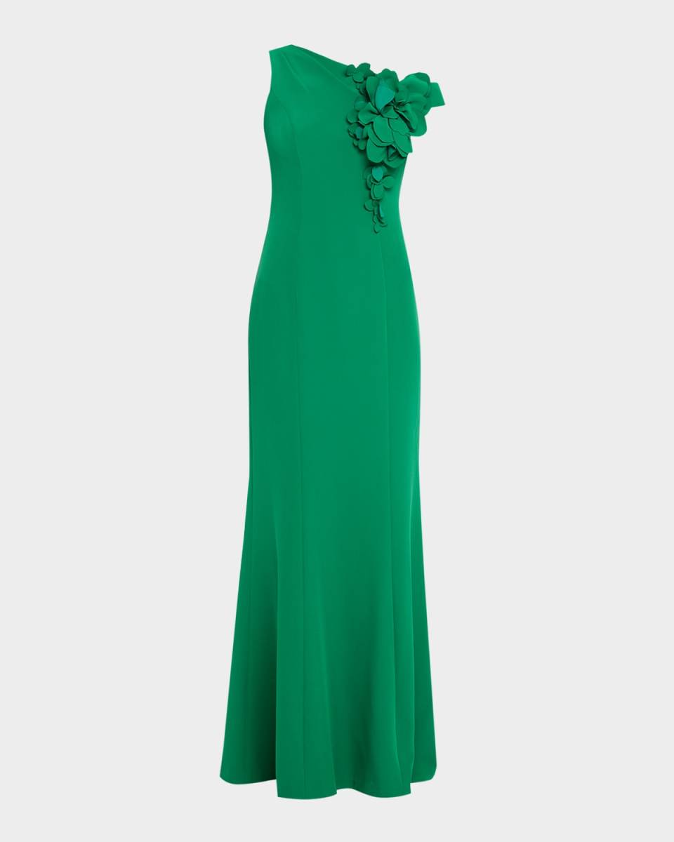 One-Shoulder Floral Applique Stretch Crepe Gown